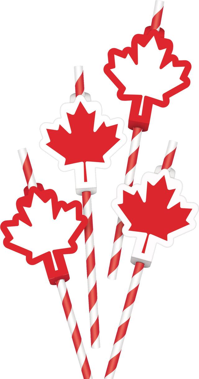 Maple Leaf Paper Straws, Red, 8-in, 12-pk, for Canada Day Front_Flat