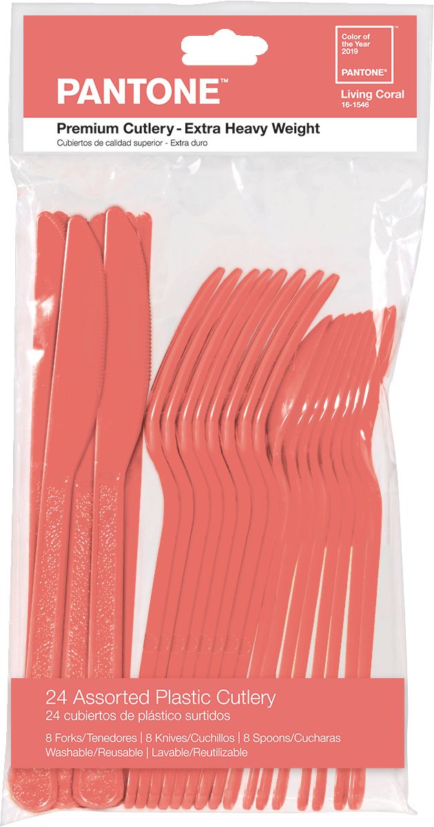 Bright Coral Premium Plastic Cutlery Set, 24-pc Front_Flat