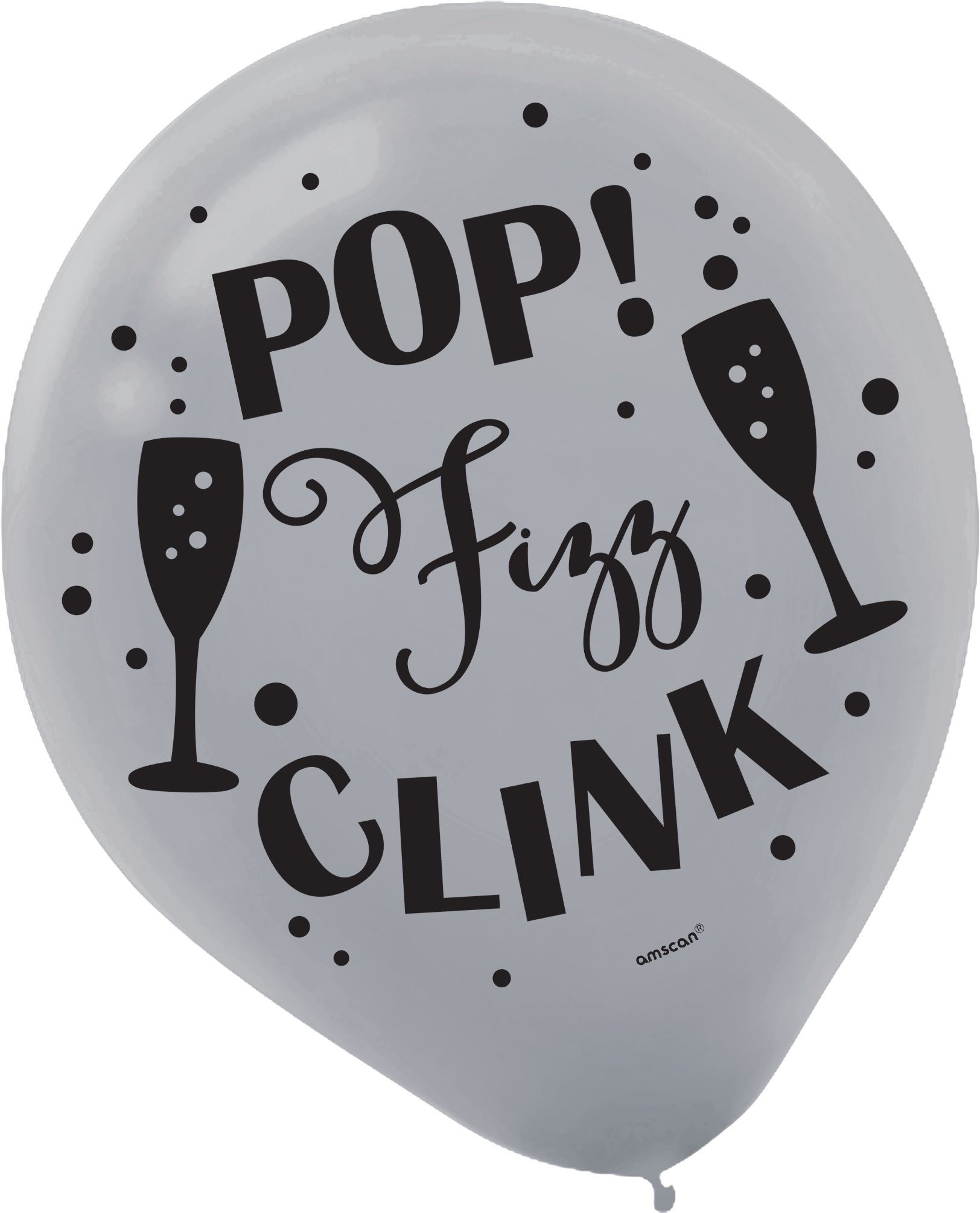 "Pop Fizz Clink" Round Latex Balloons, Black/Silver/Gold, 12-in, 15-pk, for New Year's Eve Front_Flat
