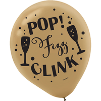 "Pop Fizz Clink" Round Latex Balloons, Black/Silver/Gold, 12-in, 15-pk, for New Year's Eve Front_Flat