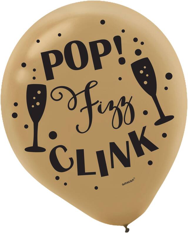 "Pop Fizz Clink" Round Latex Balloons, Black/Silver/Gold, 12-in, 15-pk, for New Year's Eve Front_Flat