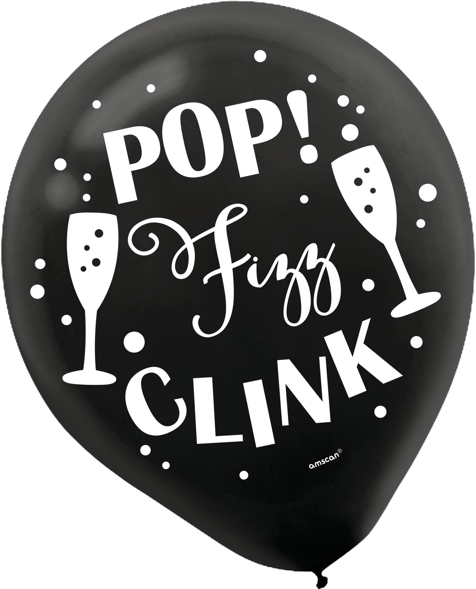 "Pop Fizz Clink" Round Latex Balloons, Black/Silver/Gold, 12-in, 15-pk, for New Year's Eve Front_Flat