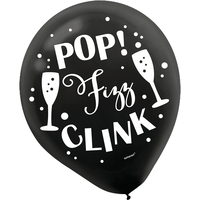 Ballons en latex ronds Pop Fizz Clink, noir/argent/or, 12 po, paq. 15, pour veille du jour de l'An Front_Flat