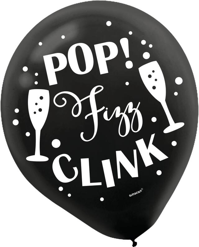 Ballons en latex ronds Pop Fizz Clink, noir/argent/or, 12 po, paq. 15, pour veille du jour de l'An Front_Flat