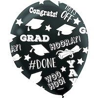 "Congrats Grad" Round Latex Balloons, Black/White, 12-in, 15-pk, for Graduation Front_Flat