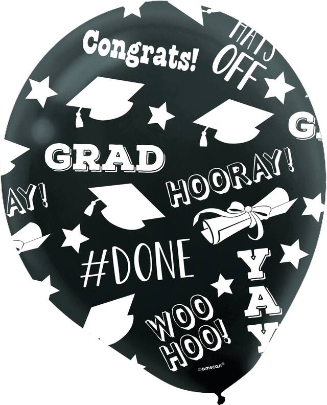 "Congrats Grad" Round Latex Balloons, Black/White, 12-in, 15-pk, for Graduation Front_Flat