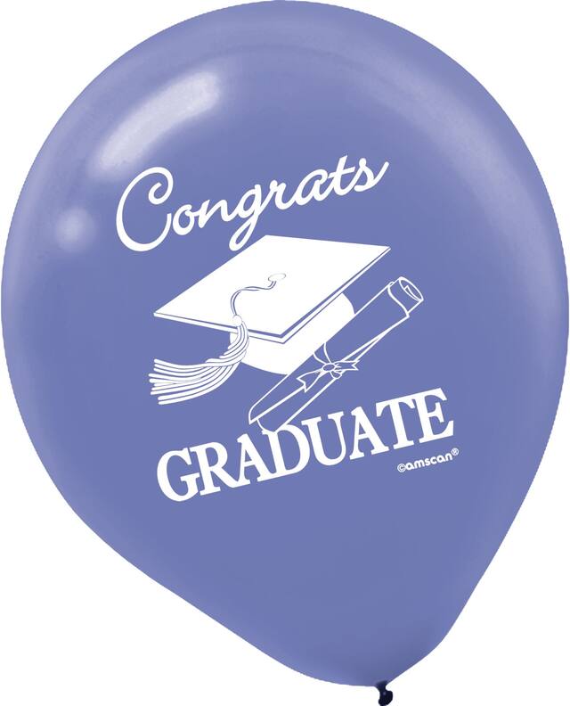 "Congrats Grad" Round Latex Balloons, Pink/Gold/Black, Polka Dot, 12-in, 15-pk, for Graduation Front_Flat