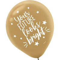 Ballons en latex ronds And So The Adventure Begins, or/blanc, 12 po, paq. 15, pour remise des diplômes Front_Flat