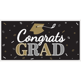 "Congrats Grad" Hanging Garland Banner Decoration, Black/Gold/Silver, 65-in, for Graduation Front_Flat