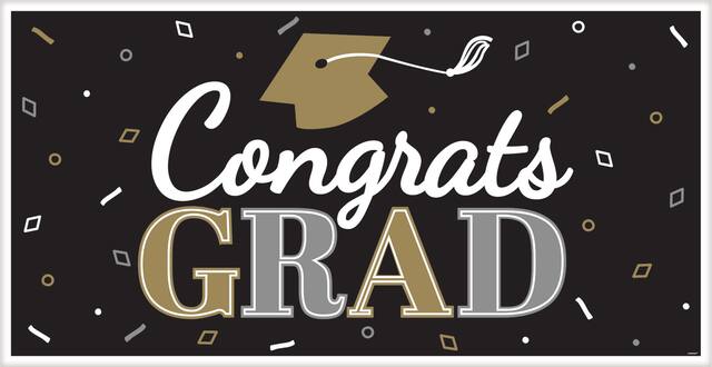"Congrats Grad" Hanging Garland Banner Decoration, Black/Gold/Silver, 65-in, for Graduation Front_Flat