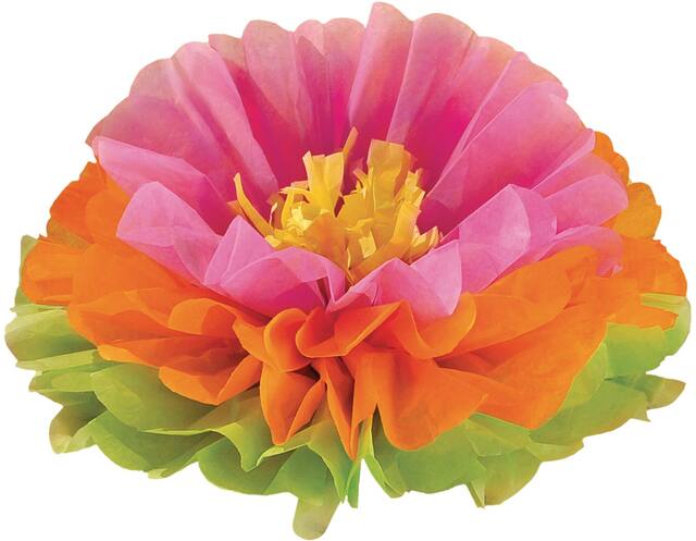 Tissue Pom Pom Hanging & Table Sign Decorations, Green/Orange/Pink, 16-in, 3-pk, for Summer Party Front_Flat