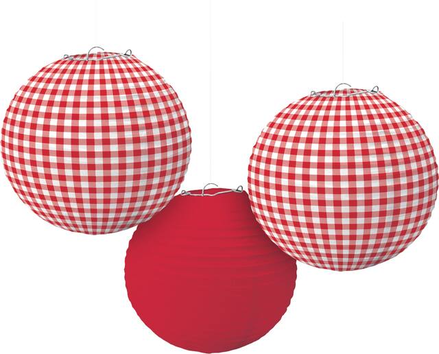 Picnic Party Red Gingham Paper Lanterns, 3-pc Front_Flat