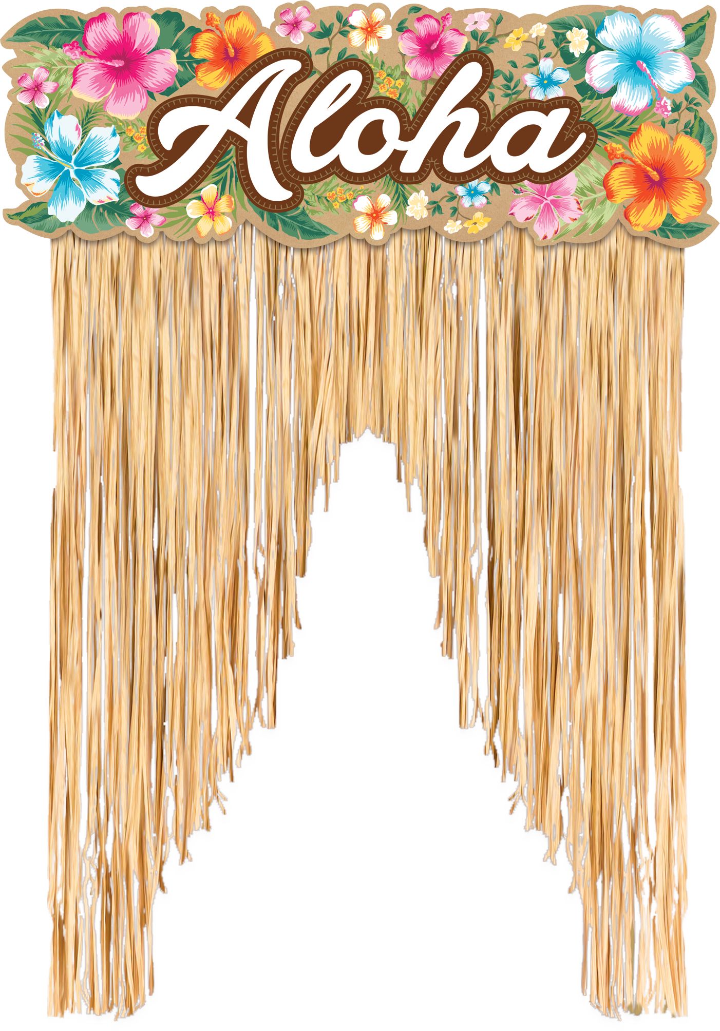"Aloha" Hawaiian Straw Hanging Doorway Curtain Decoration, Tan/Green, 54-in, for Summer Party Front_Flat