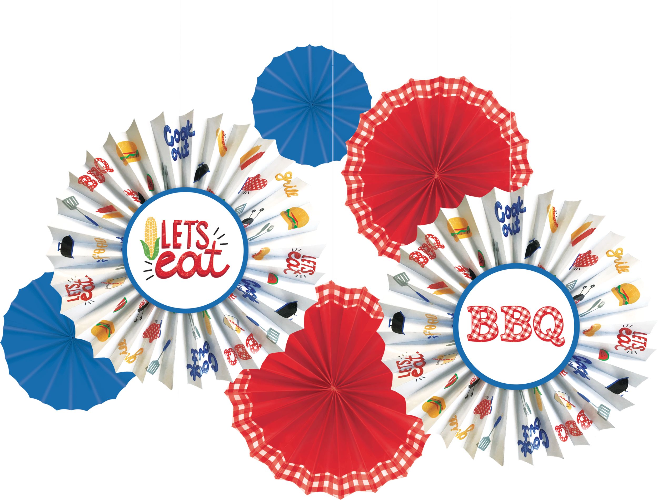 BBQ Picnic Paper Fan Decorations, 6-pc Front_Flat
