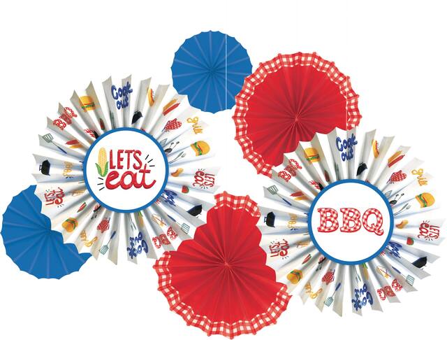 BBQ Picnic Paper Fan Decorations, 6-pc Front_Flat