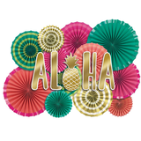"Aloha" Fan Hanging Sign Decorations, Multi-Coloured, 16-in, 17-pk, for Summer Party Front_Flat