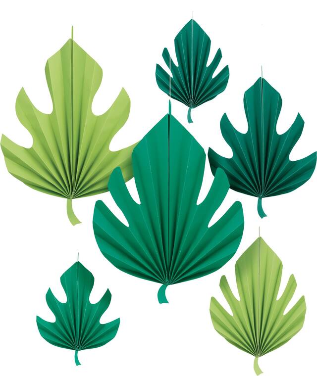 Palm Leaves Fan Hanging Sign Decorations, Green, 12.5-in, 6-pk, for Summer Party Front_Flat