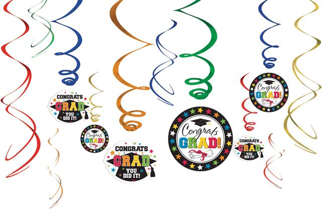 "Congrats Grad You Did It" Swirl Hanging Decorations, Multi-Coloured, 7-in, 12-pk,  for Graduation Front_Flat