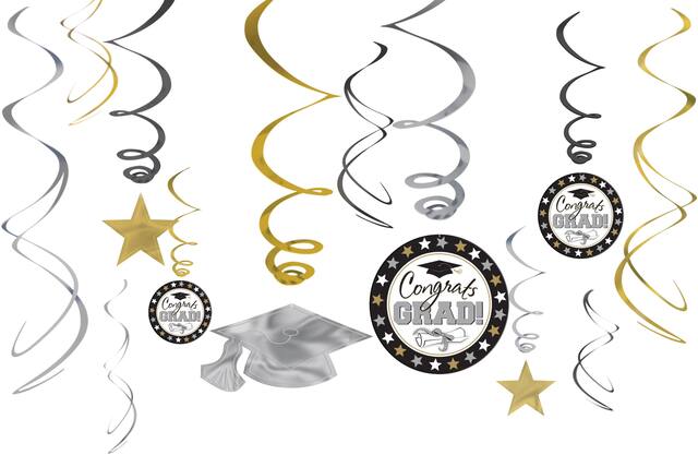 Black, Gold, & Silver Graduation Swirl Decorations, 12-pc Front_Flat