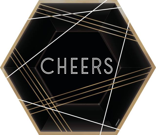 Black, Gold, & White Cheers Hexagon Lunch Plates, 8-pk Overhead_Flat