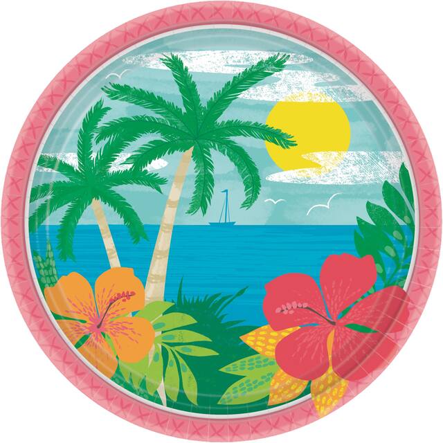 Summer Vibes Round Paper Disposable Lunch Plates, Multi-Coloured, Floral, 9-in, 60-pk, for Summer Party Overhead_Flat