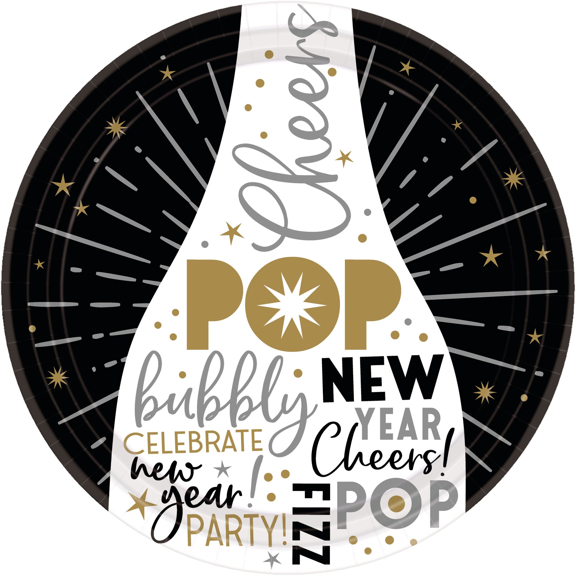 Black, Gold & Silver New Year's Eve Lunch Plates, 60-pk Overhead_Flat
