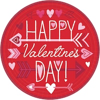 "Happy Valentine's Day" Round Paper Disposable Lunch Plates, Red, 9-in, 18-pk, for Valentine's Day Overhead_Flat