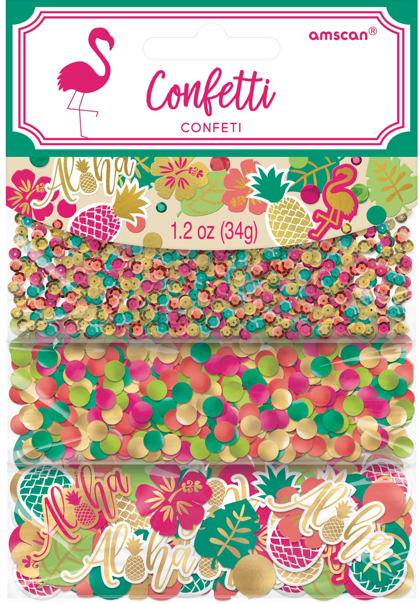 "Aloha" Flamingo/Flower/Pineapple Confetti Table Scatter Decoration, Pink/Green/Gold, 1.2-oz, for Summer Party Front_Flat