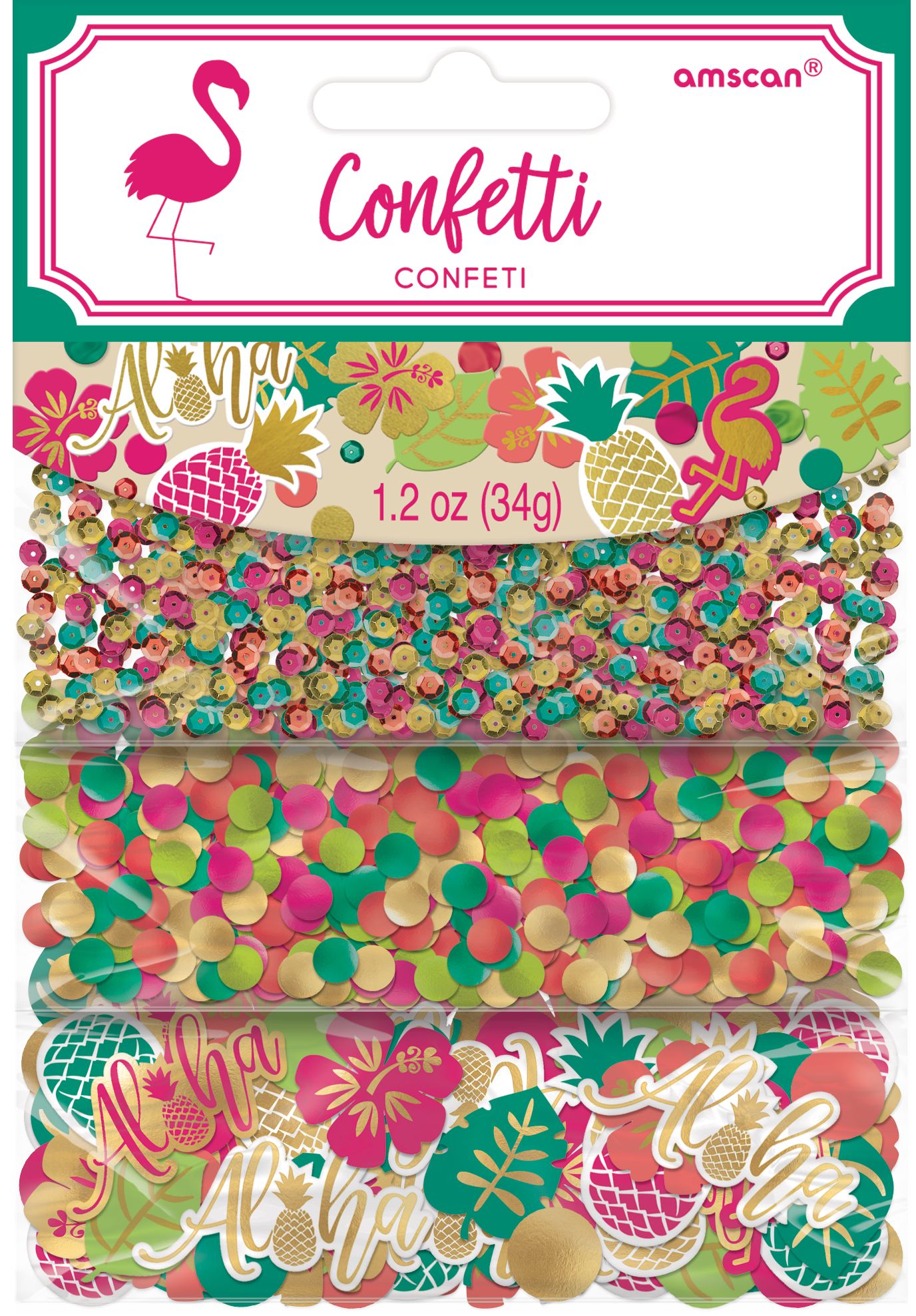 "Aloha" Flamingo/Flower/Pineapple Confetti Table Scatter Decoration, Pink/Green/Gold, 1.2-oz, for Summer Party Front_Flat