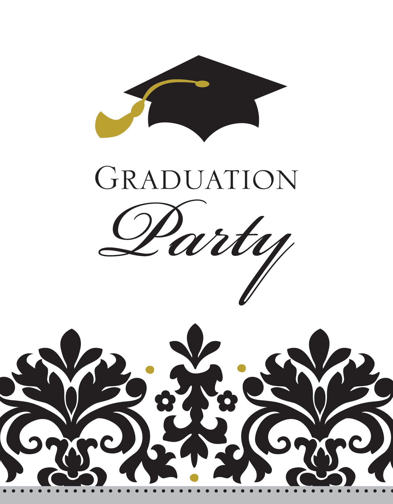 "Graduation Party" Grad Cap Paper Party Invitations with Envelopes, Black/White, 50-pk, for Graduation Front_Flat