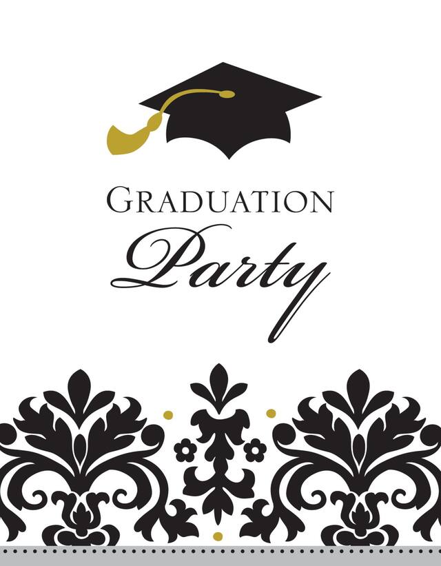 "Graduation Party" Grad Cap Paper Party Invitations with Envelopes, Black/White, 50-pk, for Graduation Front_Flat