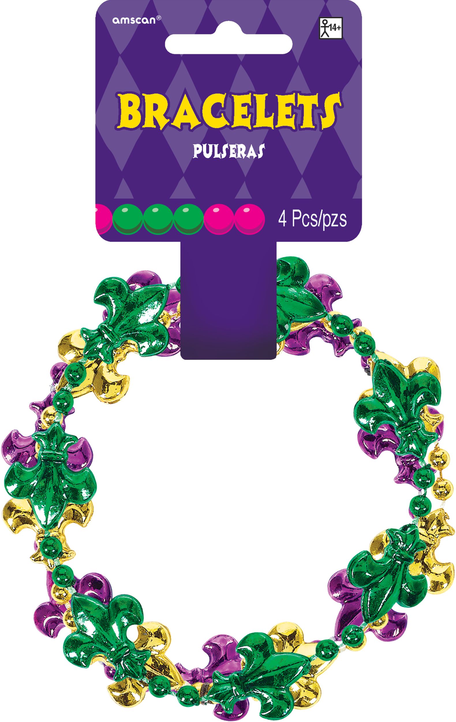 Fleur-de-Lis Bead Bracelets, Gold/Green/Purple, One Size, 4-pk, for Mardi Gras Front_Flat