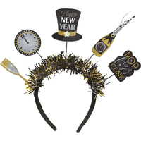 "Happy New Year" Champagne/Top Hat/Clock Tinsel Headband, Gold/Black/Silver, One Size, for New Year's Eve Front_Flat