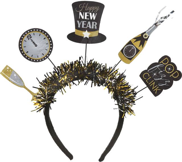 "Happy New Year" Champagne/Top Hat/Clock Tinsel Headband, Gold/Black/Silver, One Size, for New Year's Eve Front_Flat