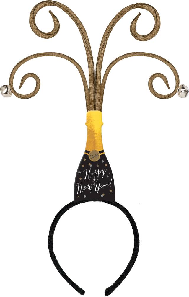 Serre-tête bopper New Year avec bouteille de champagne noir, or et argent Front_Flat