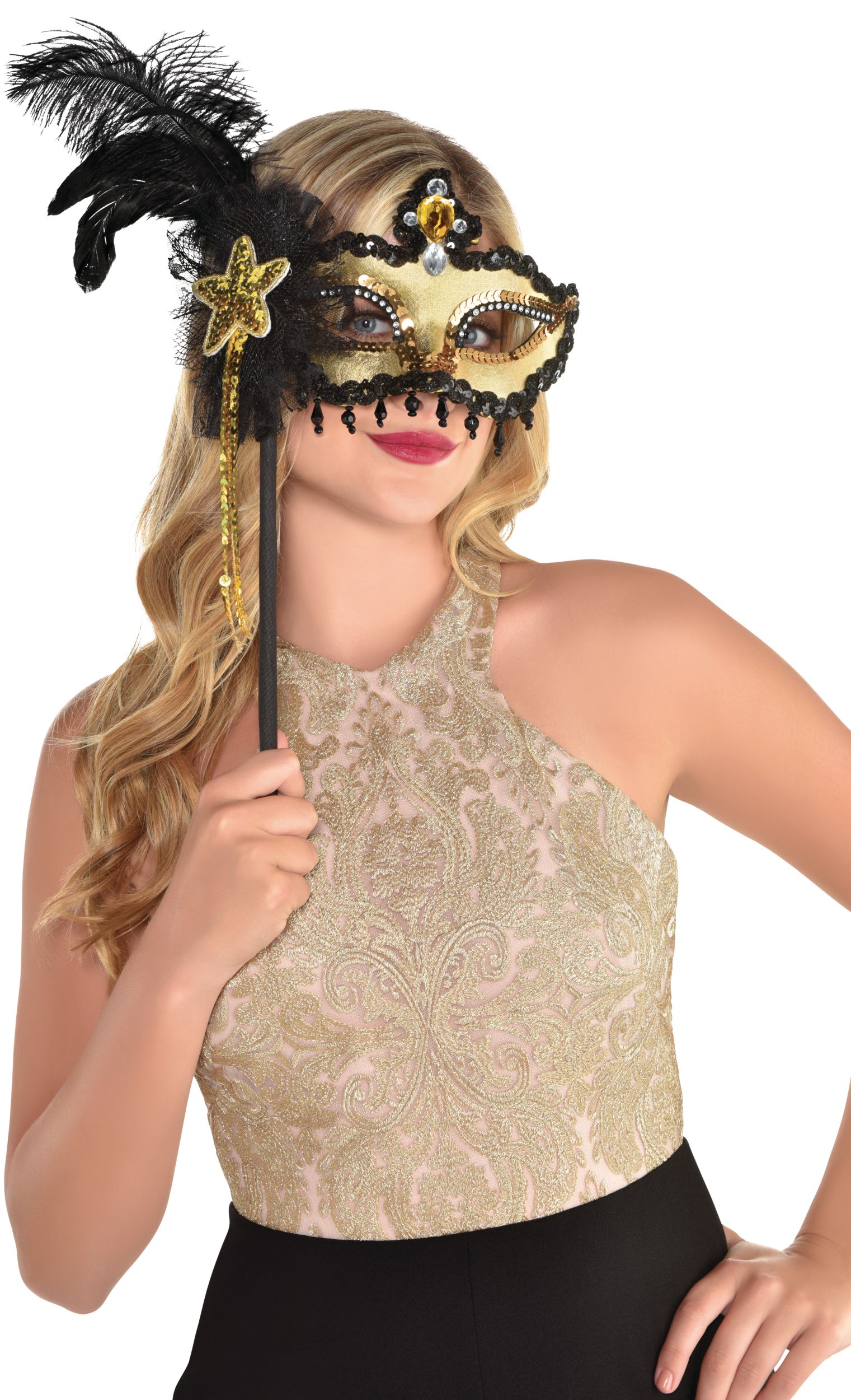 Black & Gold Venetian Masquerade Mask on a Stick Front_Flat