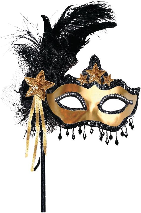 Black & Gold Venetian Masquerade Mask on a Stick Front_Flat