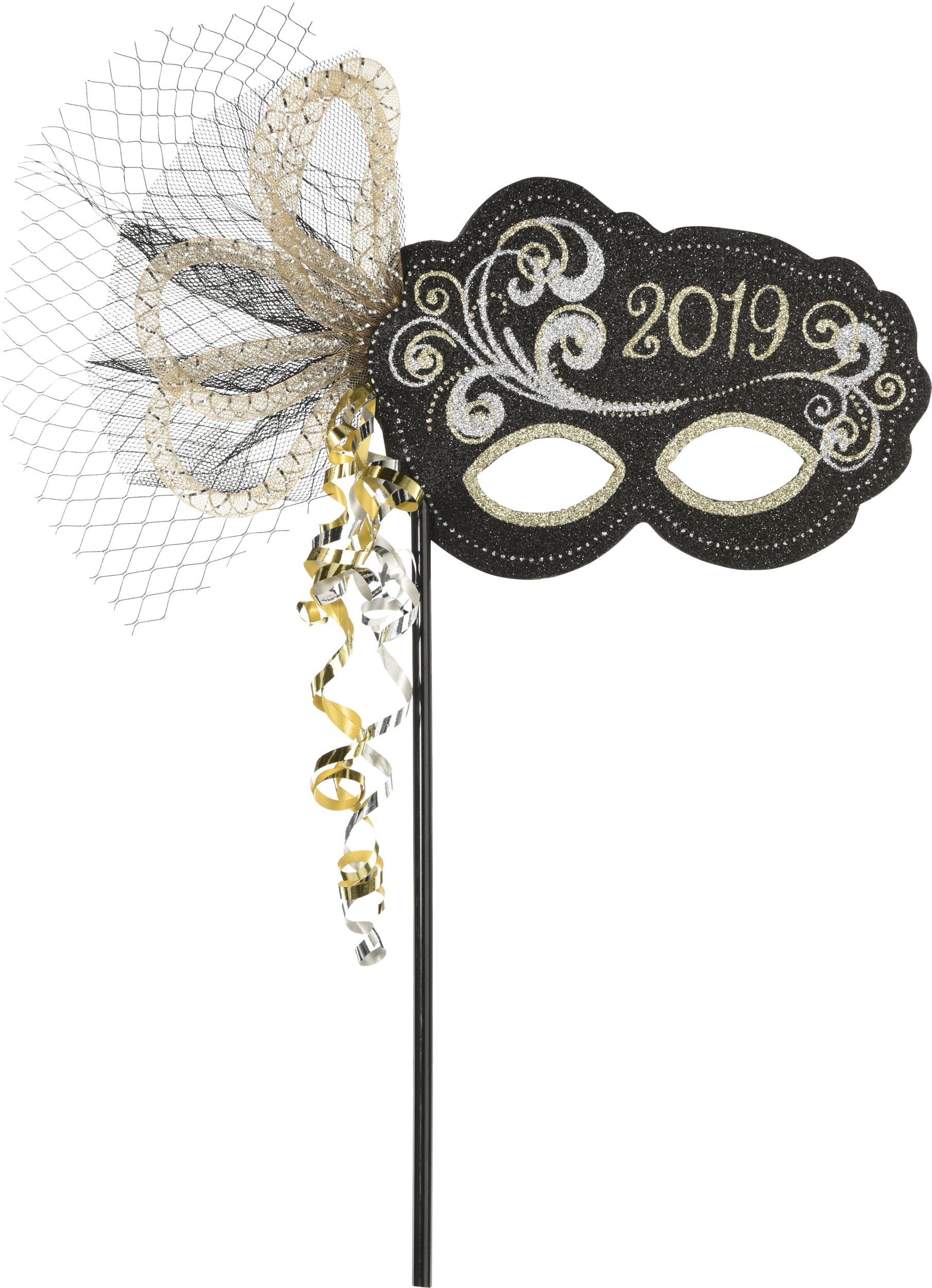 Black, Gold & Silver Glitter 2020 Masquerade Mask on a Stick Front_Flat