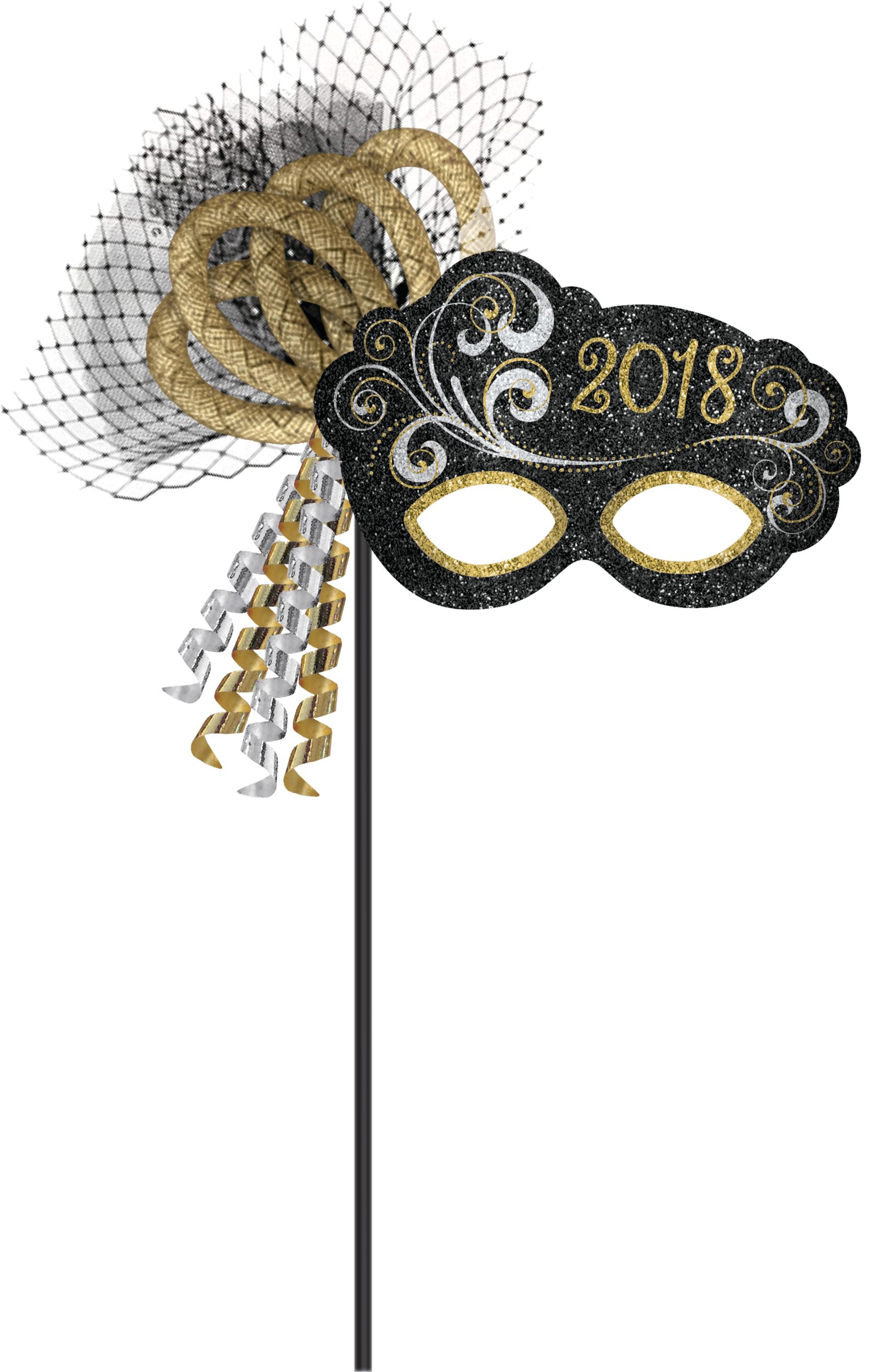Black, Gold & Silver Glitter 2020 Masquerade Mask on a Stick Front_Flat