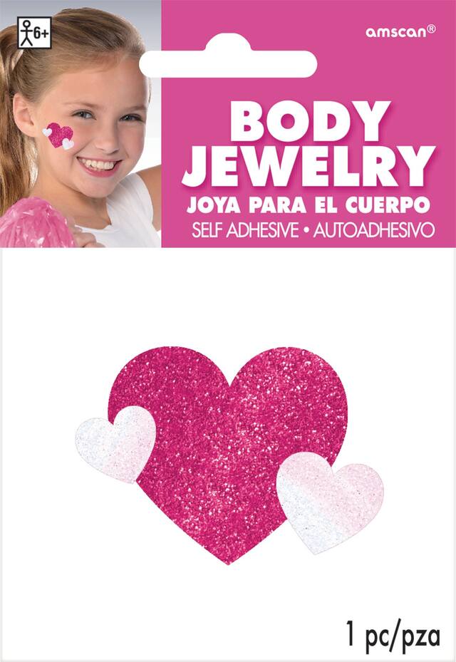 Bijoux de corps autocollant en forme de coeur à paillettes, rose/blanc, 2 po, cadeaux-surprises à porter pour l'Halloween Front_Flat