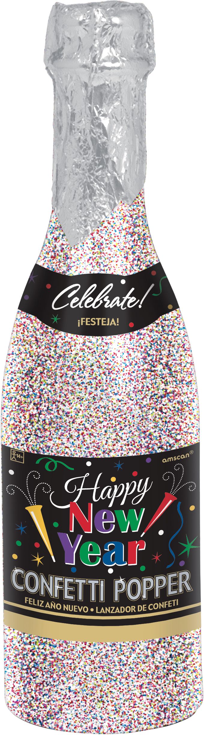 Colourful Happy New Year Bottle Confetti Popper, 12-in Front_Flat