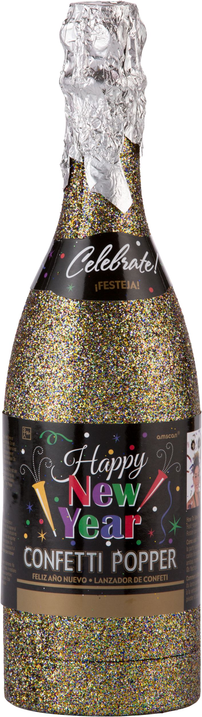 Colourful Happy New Year Bottle Confetti Popper, 12-in Front_Flat