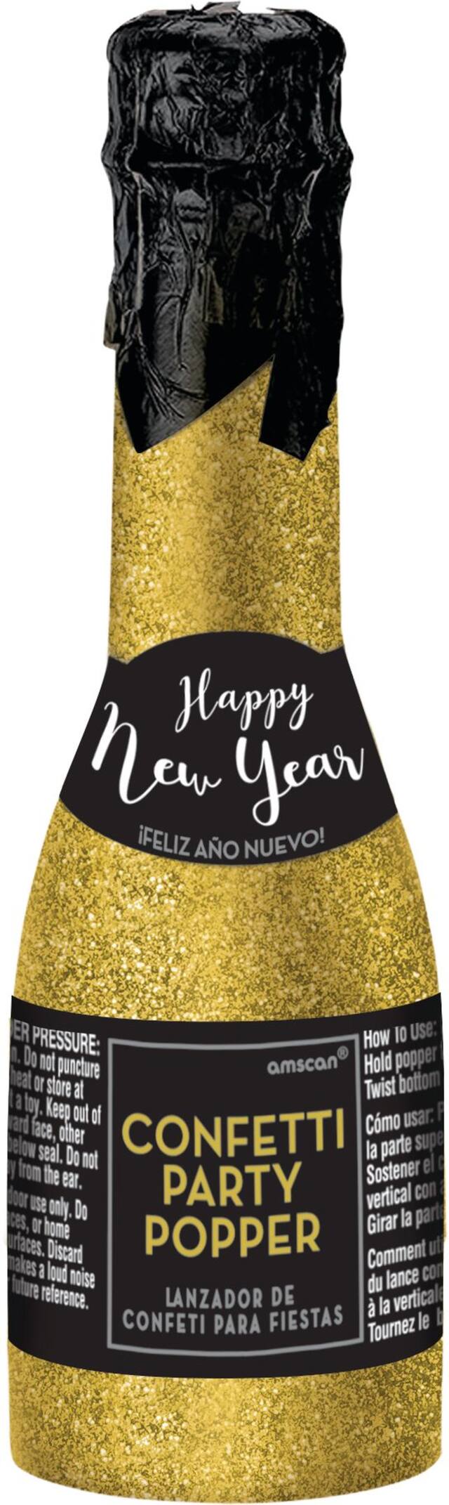 Glitter Gold New Year's Bottle Confetti Popper, 6.3-in Front_Elevated