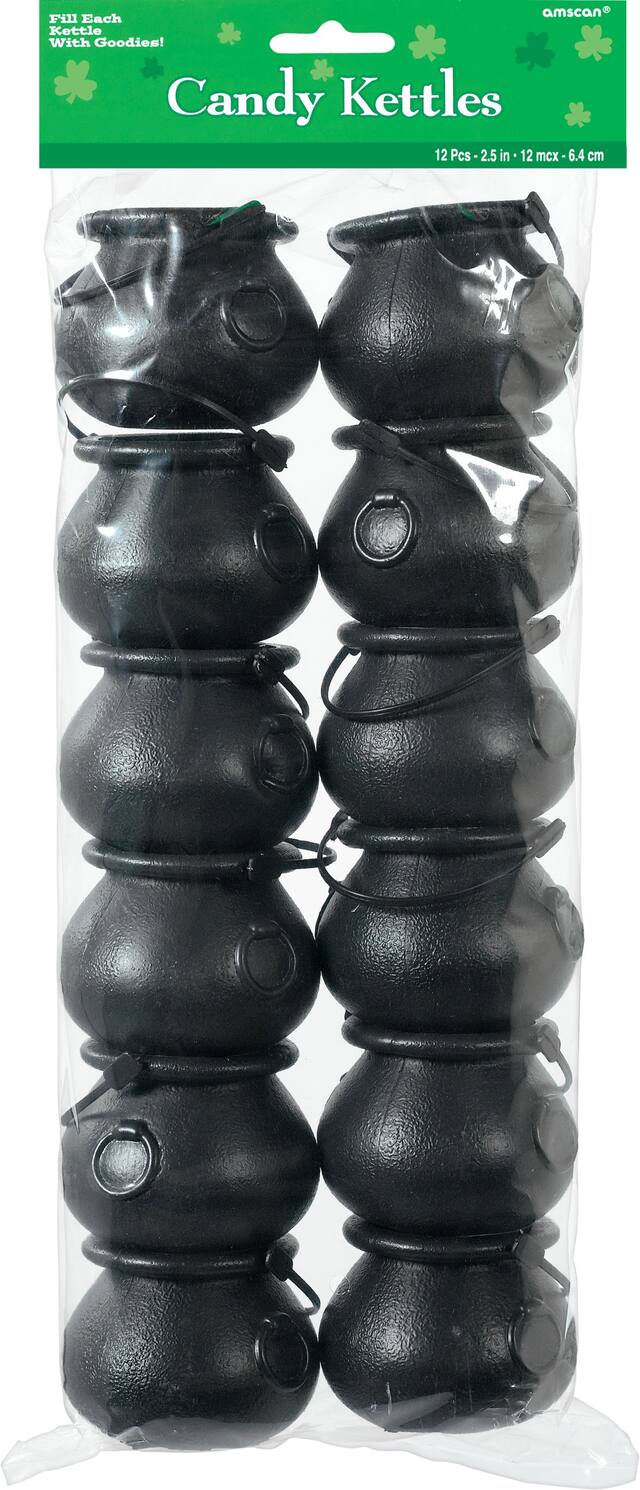 Mini Candy Cauldron Kettle Favours, Black, 12-pk, for St. Patrick's Day Front_Flat