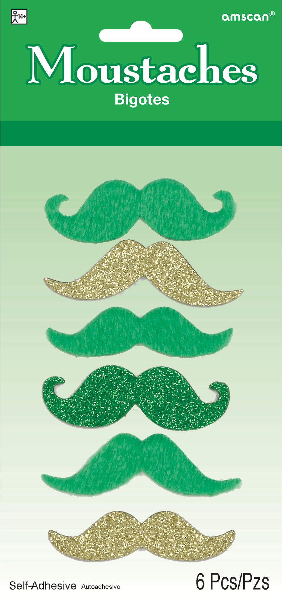 Facial Hair Moustaches, Green/Gold, 6-pk, for St. Patrick's Day Front_Flat