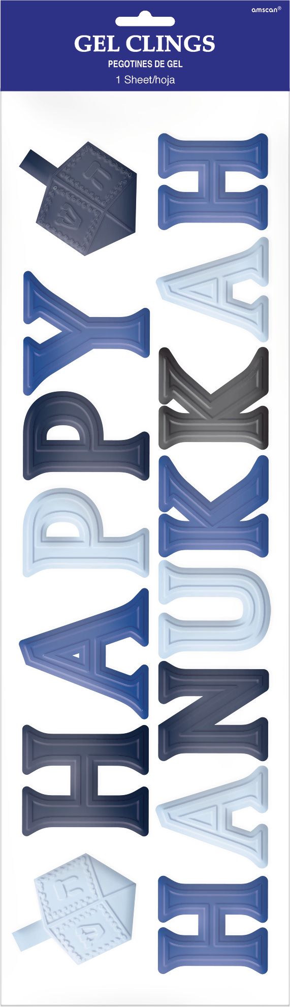 "Happy Hanukkah" Wall & Window Gel Cling Decal Decorations, Blue, 6.5-in, 15-pk, for Hannukkah Front_Flat