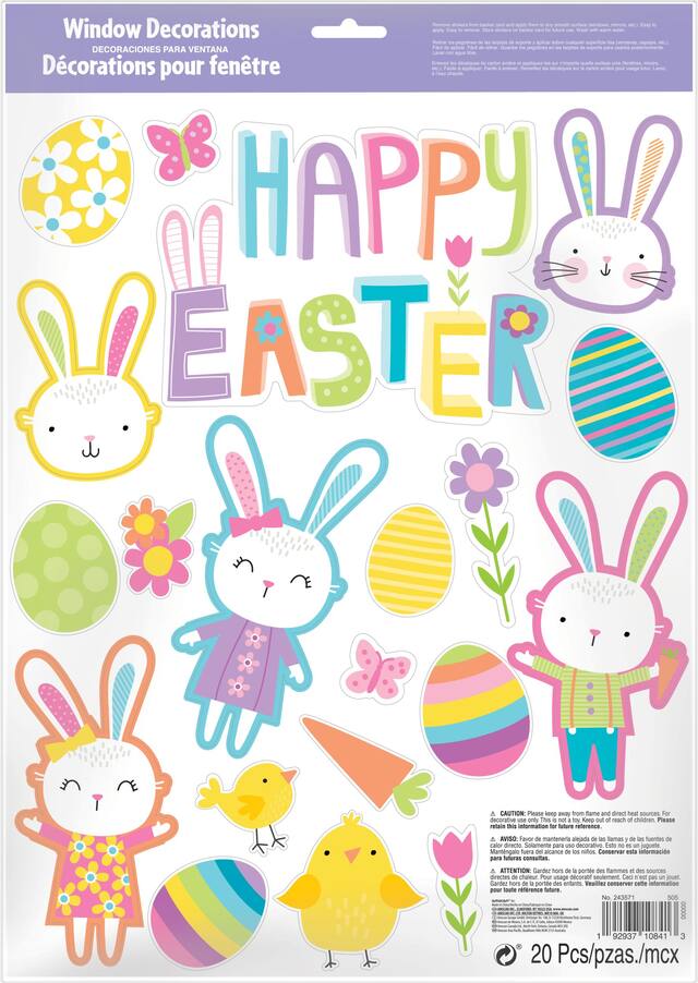 Décalcomanies de fenêtre Hello Bunny pour Pâques, paq. 20 Front_Flat