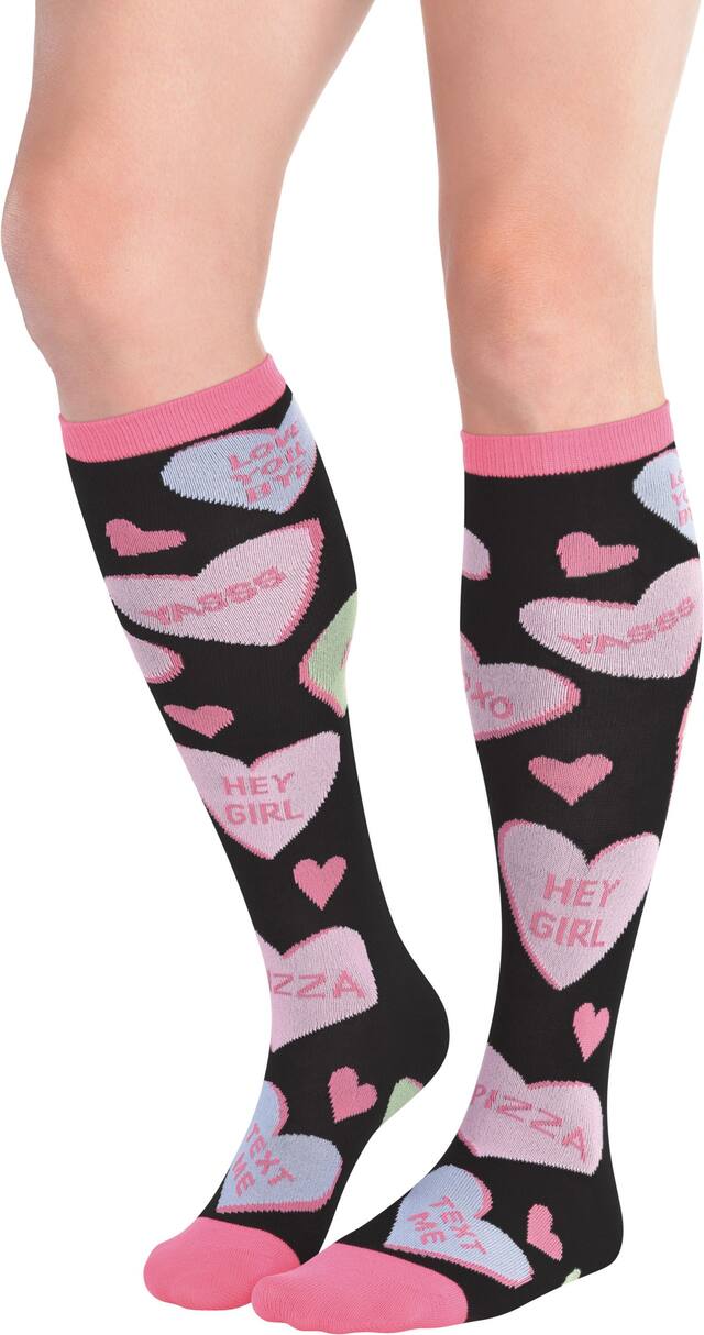 Adult Conversation Heart Knee-High Socks Front_Angled_Left
