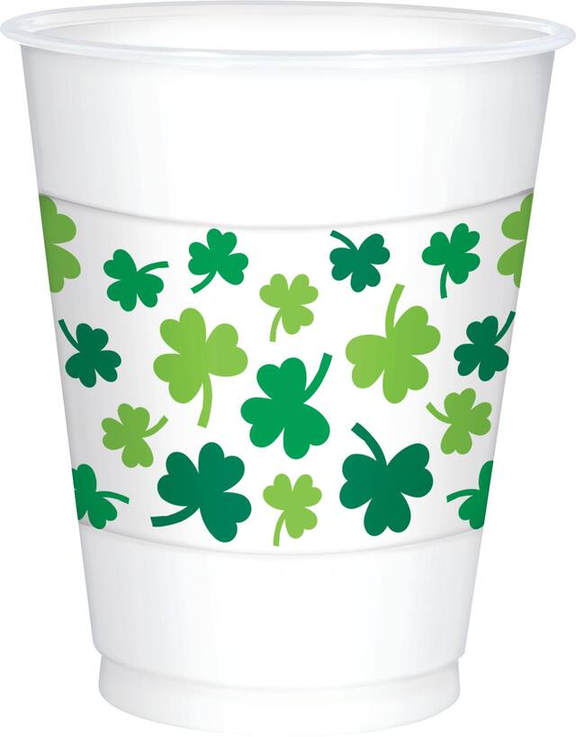 Plastic Reusable Cups, Green/White, Shamrock, 16-oz, 25-pk, for St. Patrick's Day Front_Elevated