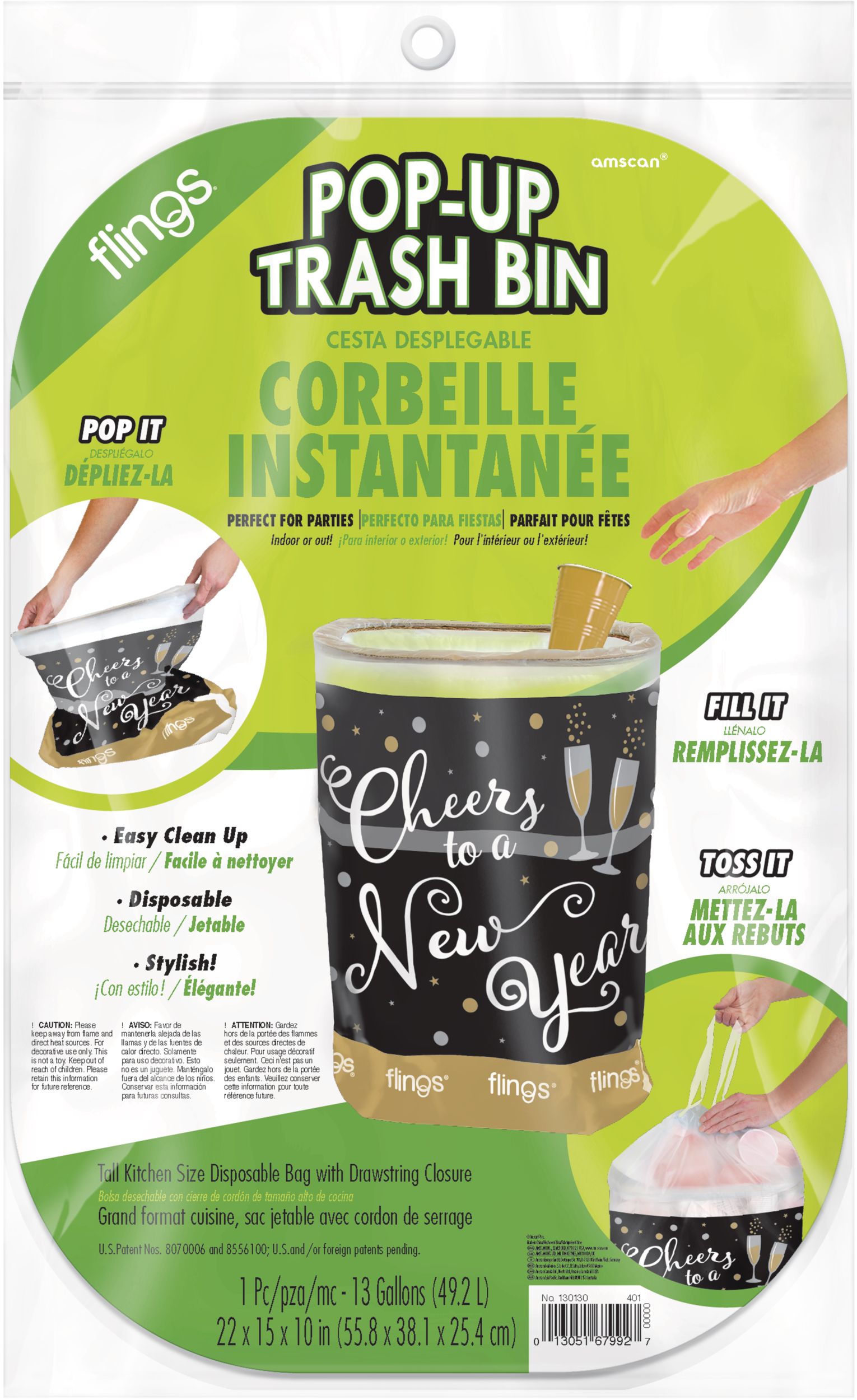 "Cheers to a New Year" Pop-Up Trash Bin, Gold/Black, 22-in, for New Year's Eve Front_Flat